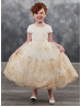 Cap Sleeve Champagne Lace Tulle Tea Length Corset Back Flower Girl Dress